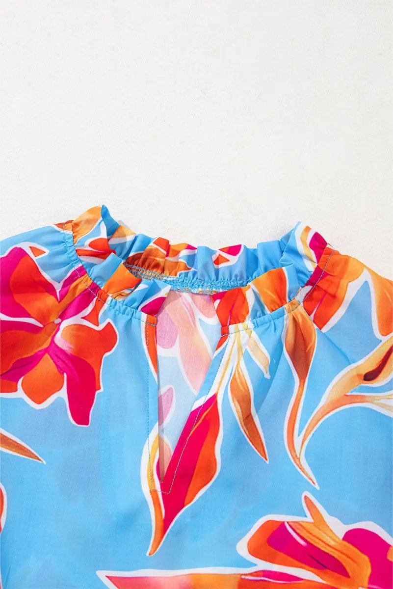 Sky Blue Floral Print V Neck Pompom Trim Flutter Sleeve Blouse - Love Salve